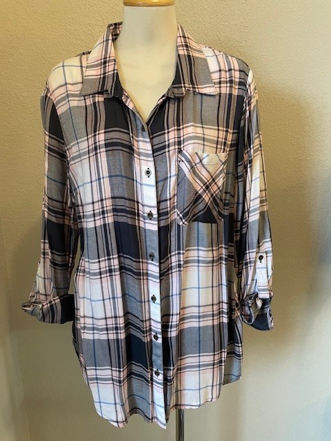Faded Glory Pink Gray White Plaid Button Down Shirt NWT Large