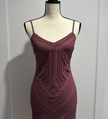 Vintage 90s Y2K Esprit Maroon Stripe Spaghetti Strap Bodycon Dress 1/2