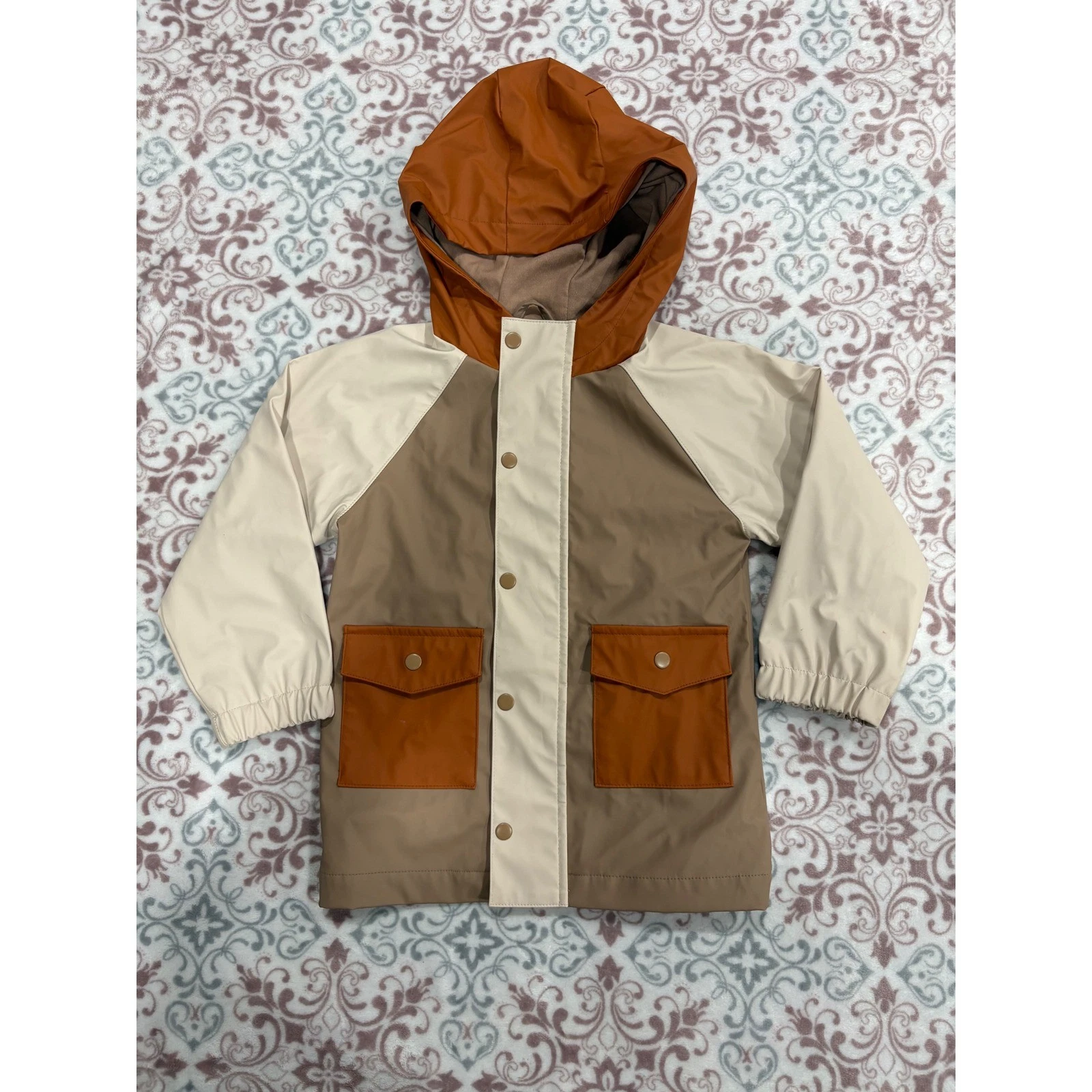 Kids Colorblock Hooded Rain Jacket Fleece Lined Tan Rust Orange Snap Front Coat