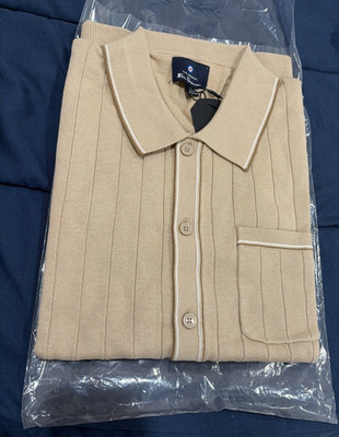 BEN SHERMAN Men's M Beige Button-Front Short Sleeve Cardigan Shirt Sweater Polo