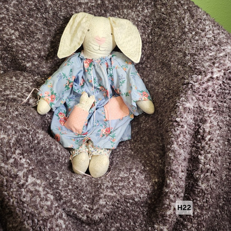 Vintage 1980s Handmade Cotton Stuffed Rabbit w/ Baby Rabbit in Dress Pocket 16"