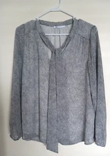 DR2 BlouseTop Womens Size L White Black prints  Front Neck Tie Casual