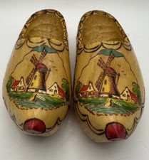 Vintage Wooden Dutch Clogs Shoes Hand Carved Painted Child Size Windmill Scene