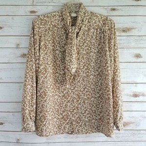 Tan-Jay-Vintage-Womens-Size-12-Top-Button-Up-Long-Sleeve-Self-Tie-Collar