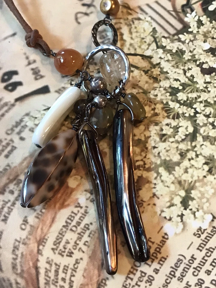 Collar Silpada Plata .925 Cuero Concha Citrino Cornalina Jade Perla N1495 Foto 3 de 4