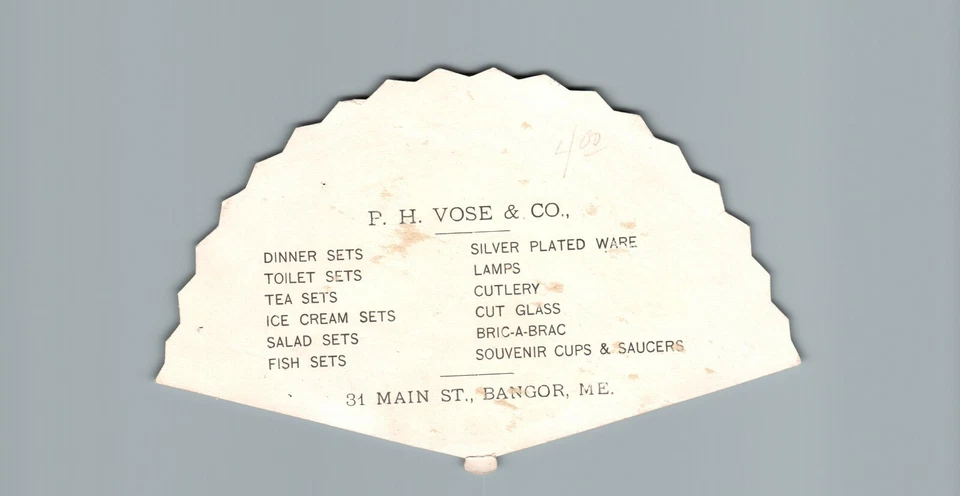 1880s-90s Wind Mill Pond Fan Shape Trade Card P.H. Vose & Co. Maine Dinner Sets - Image 2 of 2