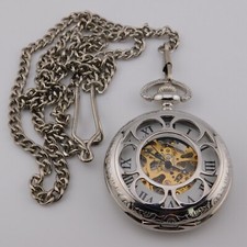 Silver Tone Skeleton Dial Wind-up Analog Men's Pocket Watch on Chain