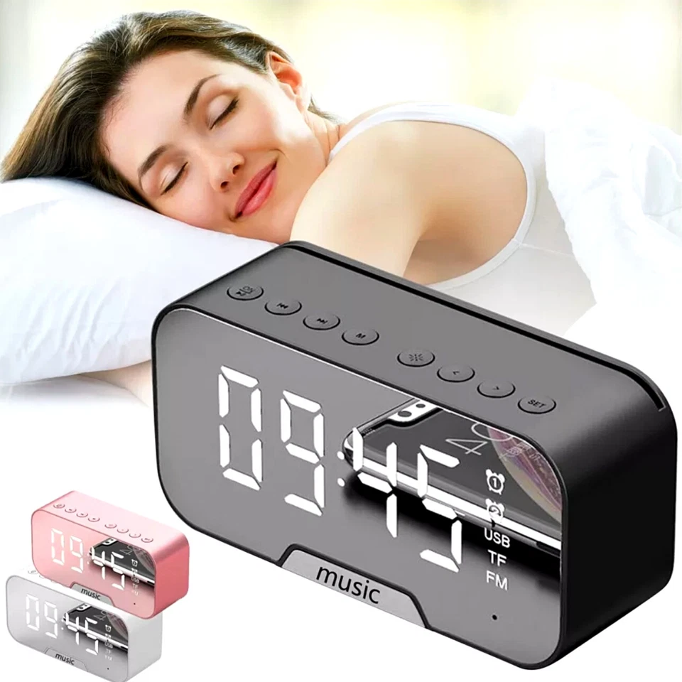Reloj Despertador Con Espejo LED Radio FM De Bluetooth Música Inalámbrica Alarma Foto 2 de 4