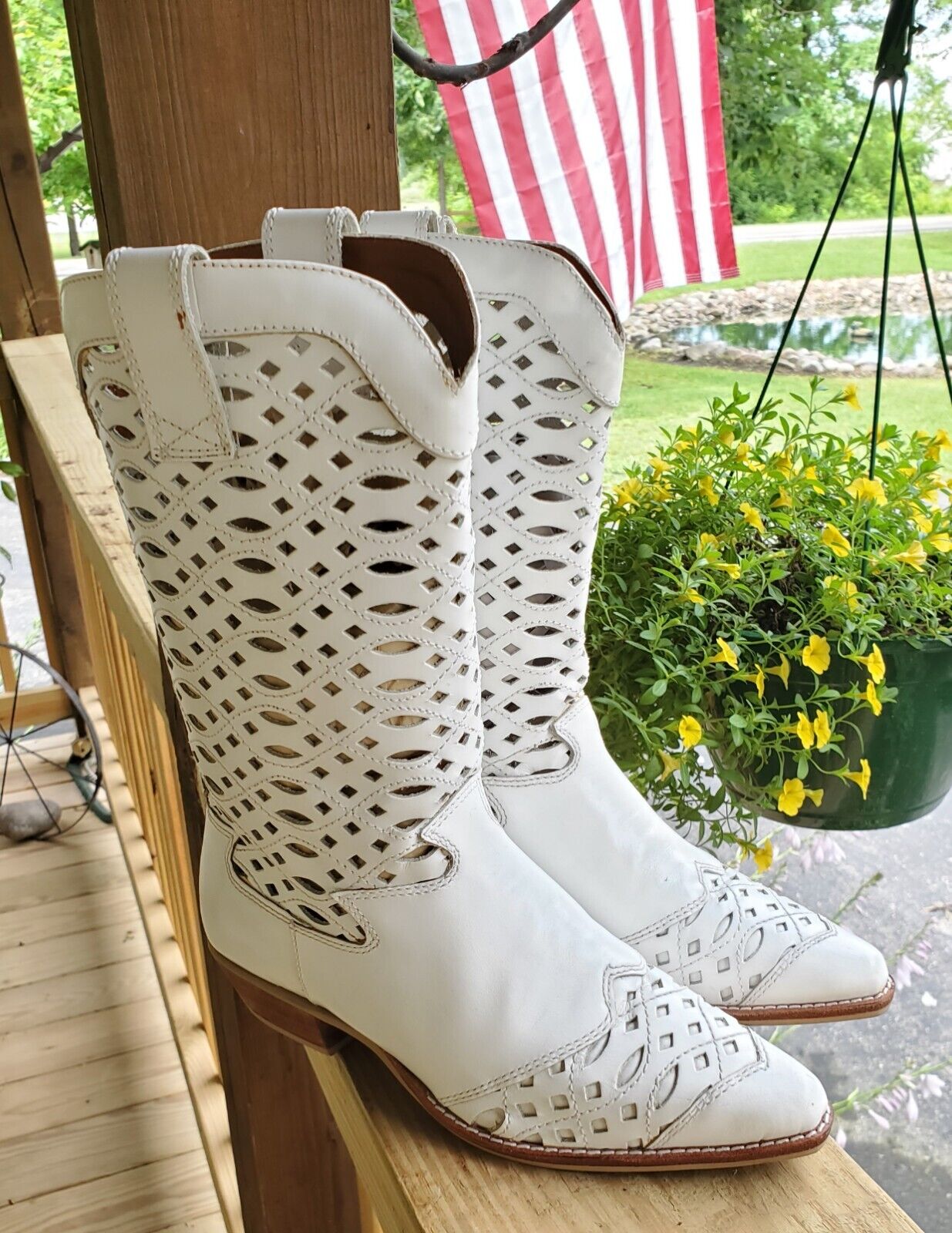 Nine West White Leather Perforated Cowboy Boots V… - image 1