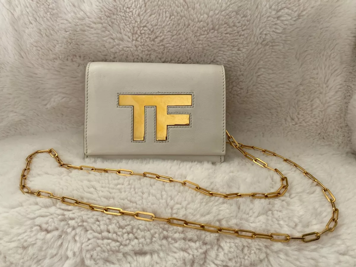 TOM FORD white and gold metallic TF crossbody chain bag purse