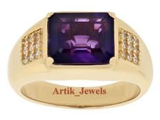 Natural Amethyst & CZ Gemstone With 14K Gold Plated Silver Ring for Men's #721