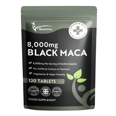 MULTIVITA Black Maca 8000mg 120 Tablets Vegan Peruvian Ginseng Libido Energy Sex Drive UK