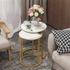 High Gloss Set of 2 Coffee Nest Tables Side End Table Marble Top Gold Metal Legs