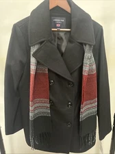 Black London Fog Double Breasted Peacoat with Plaid Scarf Size XL NEW