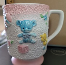 VINTAGE CERAMIC COFFEE TEA MUG FOR BABY OR PARENTS PINK BLUE WHITE YELLOW
