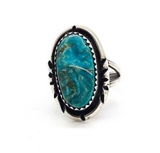 Kingman Turquoise Navajo vintage Native American sterling silver ring size 5.5