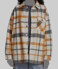 $298 Monrow Women's Beige Wool Plaid Snap-front Fleece Jacket Coat Size L