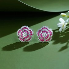 3.5Ct Round Cut Lab Created Pink Ruby Flower Stud Earrings 14K White Gold Plated