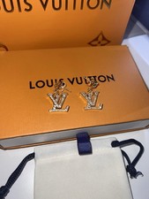 Louis Vuitton LV Logo Stud Earrings Gold-Tone Clear Rhinestones Box & Pouch
