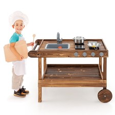 Kids Wooden Mud Play Kitchen Cart w/ Sink, 4 Stoves Storage Shelf Natural