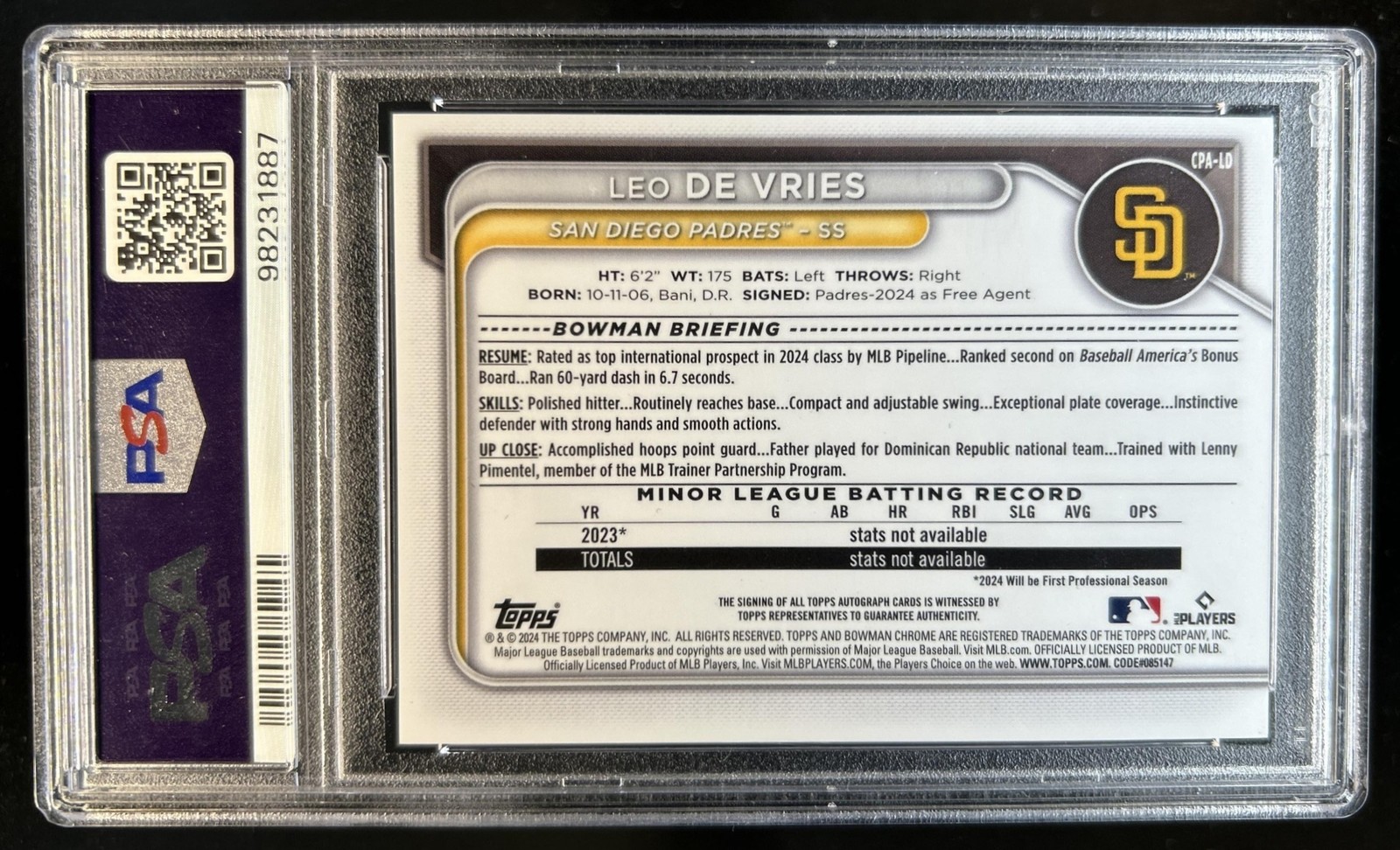 2024 Bowman Chrome Leo De Vries Auto Purple Refractor 1st #/250 Padres PSA 10 view 2