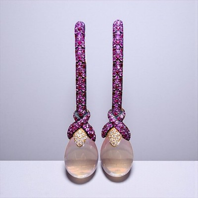 Moderne 18K rosa Saphir Rubin Rosenquarz Ohrhänger 8,46 ctw