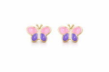 14k Yellow Gold Enamel Butterfly Baby earrings, Screw Back