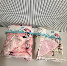 PACK 2 DISNEY MINNIE MOUSE HEARTS WHITE PINK REVERSIBLE GIRL BLANKET 30" X 40"