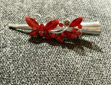 Vintage Red Rhinestone Silver tone Butterfly Hair Clip VTG