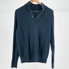 Nautica Navy Blue Cable Knit Button Mock Neck Cotton Chunky Pullover Sweater