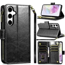 For Samsung A36/A56 Case Luxury Phone Wallet ID Zipper Holder + Tempered Glass