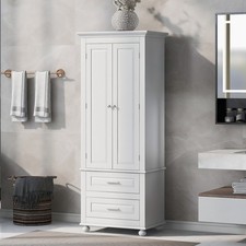 White Tall Bathroom Office Storage Cabinet with Two Drawers  Adjustable Shelf