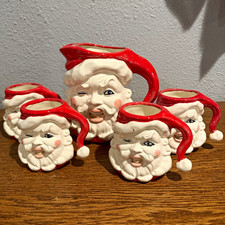 Set of 5 Santa Claus Face Figural Ceramic Mugs, Red & White Christmas