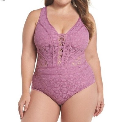 BECCA | Crochet One Piece Swimsuit Plus Suze 1X Mauve Purple Sheer Lattice
