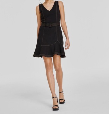 Karl Lagerfeld Paris Womens Black Scuba Crepe V-Neck Belted Dress Size 16