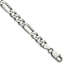 Mens 7.5mm Sterling Silver Solid Antiqued Figaro Chain Bracelet