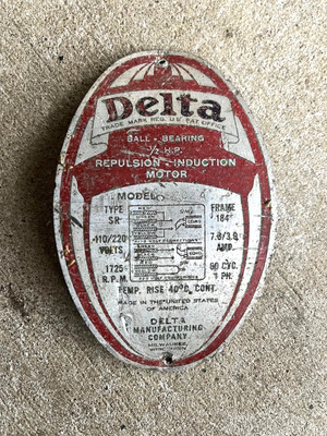 Delta 1/2 H.P. Repulsion-Induction Motor Name Tag Badge VINTAGE ORIGINAL