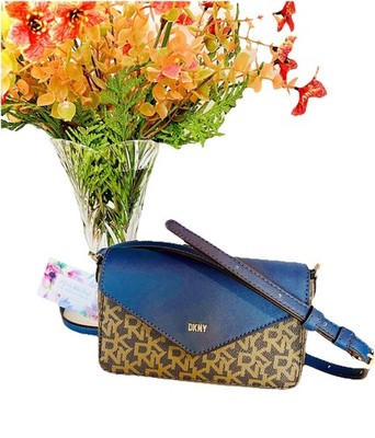 DKNY Crossbody Bag Mini  Sloanna  Khaki/Blue Signature Gold Tone Hdwe. 7x4x1.2 