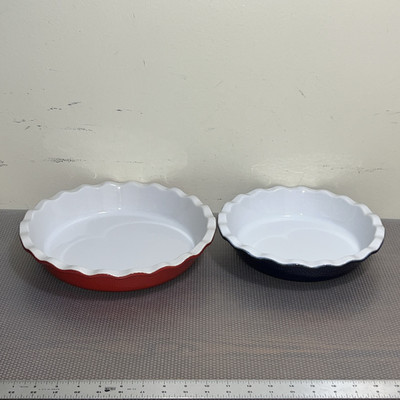 Emile Henry 10'' Cobalt Blue & 12'' Red Ruffled Pie Plate Dishes