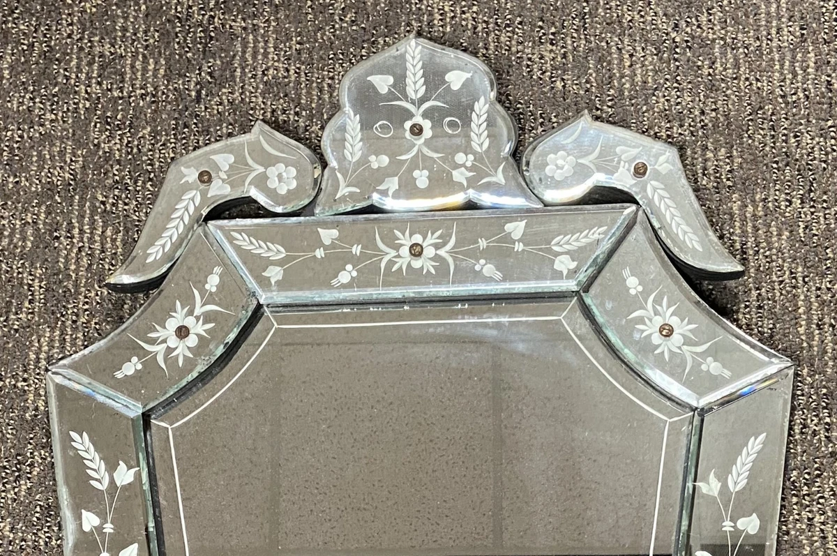 Antique Venetian Etched Beveled Glass Mirror , 32" Tall x 19" Wide