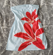 Shein Womens Strapless Mini Dress Large Blue Red Floral Summer Beach Vacation