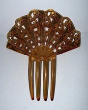 Vintage MCM Hair Comb Faux Tortoise shell Fan w/ red rhinestones 5.5 x 5