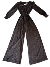White House Black Market Black Animal Jacquard Belted Jumpsuit V-Neck Long Slee  