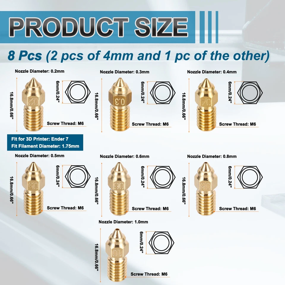 1 juego de boquillas extrusoras de impresora 3D 0,2/0,3/0,4/0,5/0,6/0,8/1,0 mm (16,8x6 mm) Foto 2 de 4