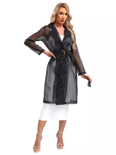 Womens Coat See Through Trench Notch Lapel Jackets Ladies Outerwear Cropped- - Picture 20 of 60