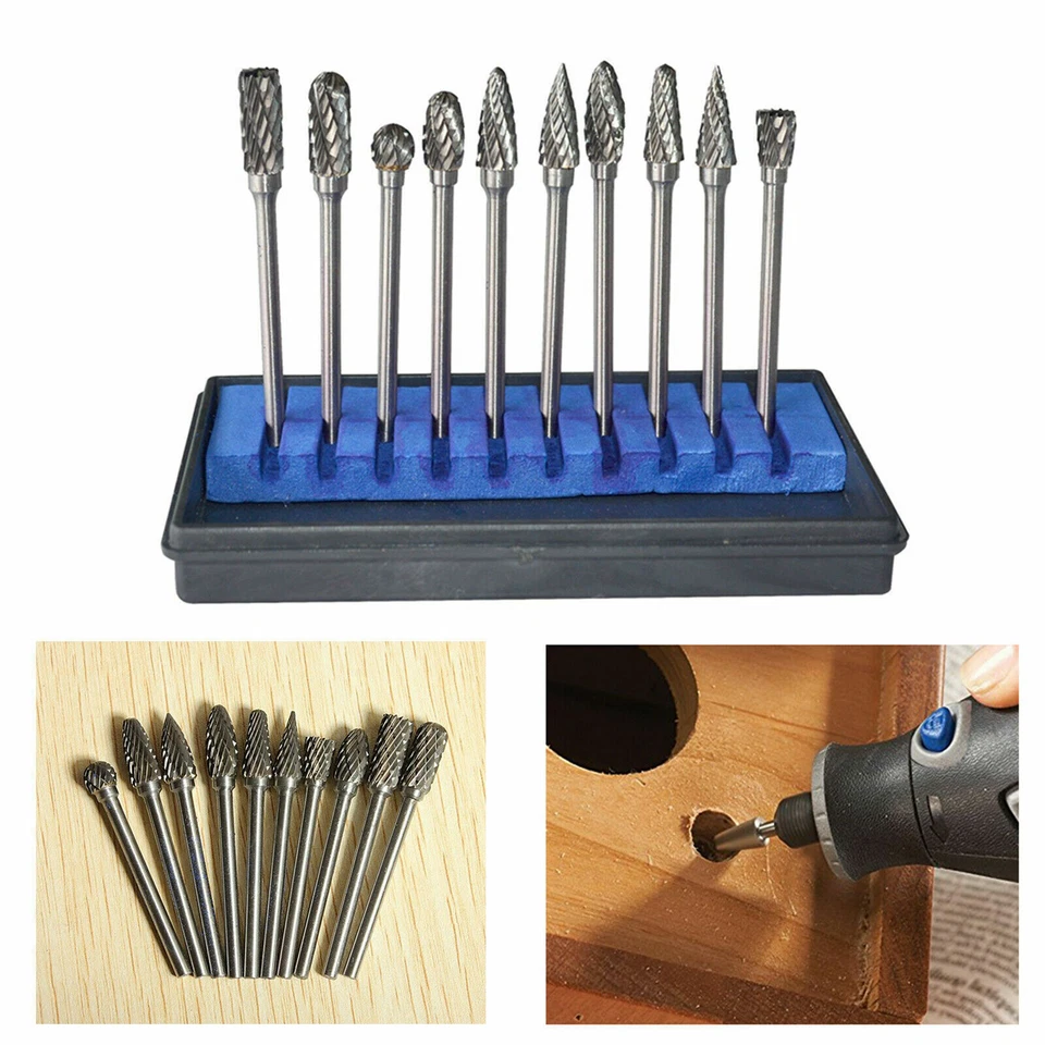 10Pcs Rotary Burr Bit Tungsten Carbide Point Die Grinder Shank Carving Set Tools - Image 2 of 4