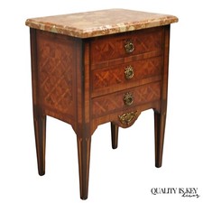 Antique French Louis XV/XVI Transitional Style Marquetry Petite Commode Nightstand with Breche d'Alep Marble Top