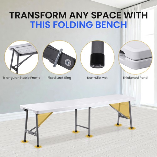 6 Feet Plastic Folding Bench Portable in/Outdoor Camping Dining Seat White - Picture 3 of 19