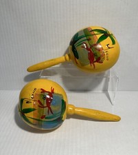 Vintage Cozumel, Mexico Maraca Hand Painted Percussion Instrument Yellow Shaker