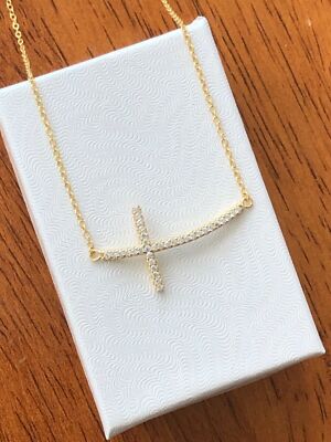 小物 Ray Cross Pendant - Silver w/CZ 925 Sterling Silver Sideways Curved Cz Cross Pendant Necklace 30mm
